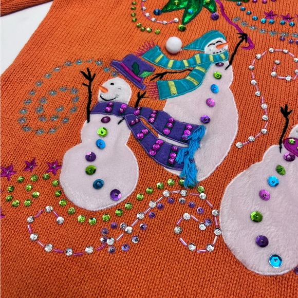 Vintage Christmas Sweater Orange Snowmen Sequins Cotton Ramie Size Small - Picture 5 of 10